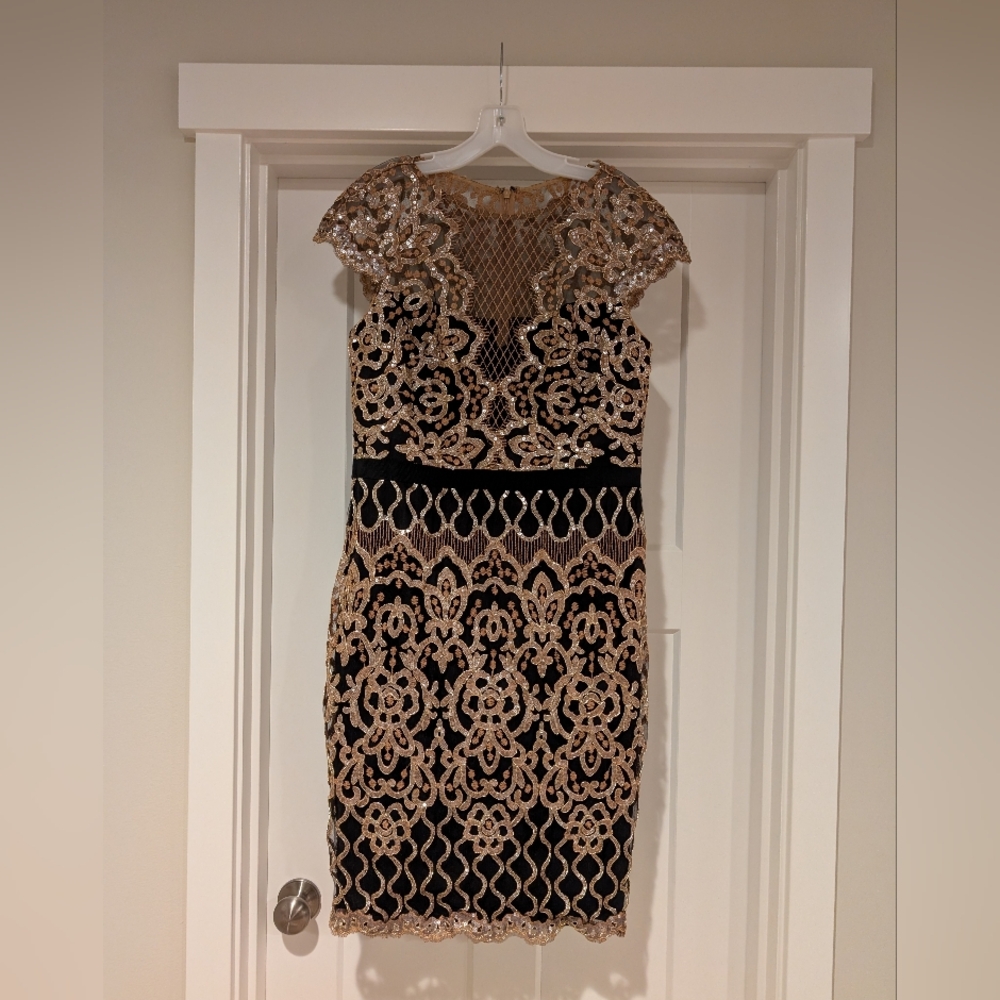 Tadashi Shoji Black and Gold Lace Mini Dress